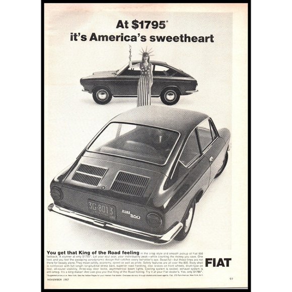 1968 Fiat 850 Fastback Vintage Print Ad America's Sweetheart Dress Wall Art - Picture 1 of 1
